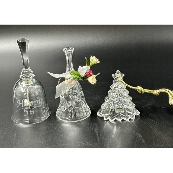 Lot of 3 Glass and Crystal Bells Mikasa Christmas Tree Bell Happy 5th Bell - Picture 1 of 16